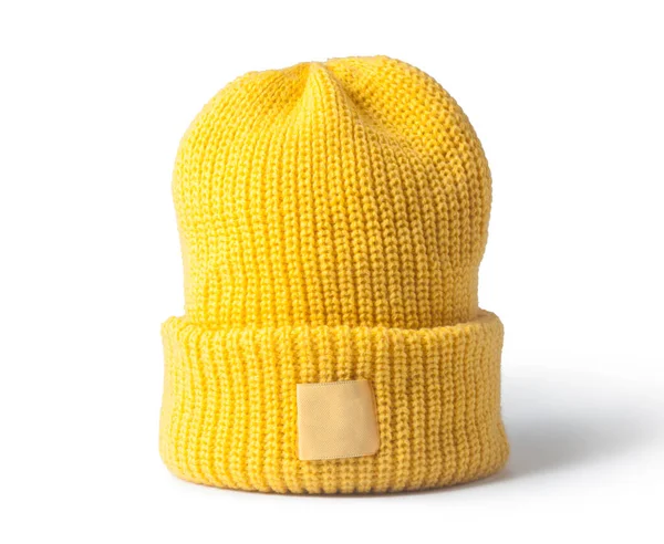 Chapeau Tricoté Jaune Isolé Sur Fond Blanc — Photo