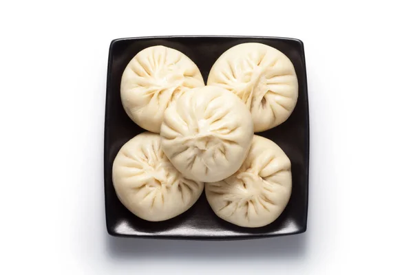 Fresh Baozi Chinese Steamed Buns Black Ceramics Plate Isolated White — Stock Photo, Image