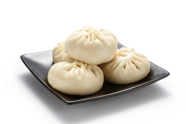 Fresh Baozi Chinese Steamed Buns Black Ceramics Plate Isolated White — Stock Photo, Image