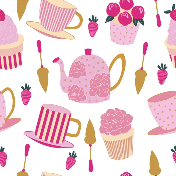 Seamless pattern of cupcakes, strawberries, teapots and teacups on a white background. Stock Vector