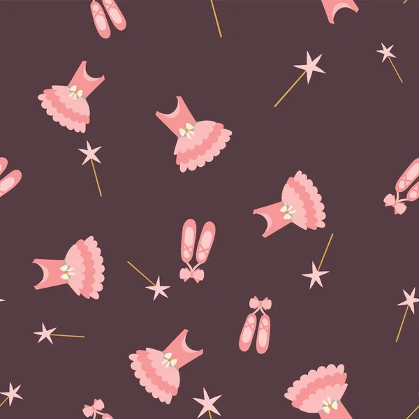 ピンクのバレリーナのチュチュのドレスと魔法の風のシームレスなパターンがボルドーの背景に. — ストックベクタ