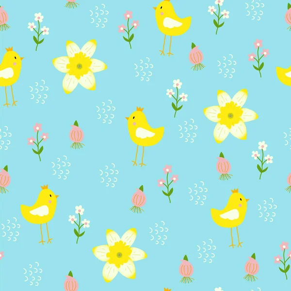 Jonquilles lumineuses, fleurs et poulet imprimé sans couture sur un fond bleu — Image vectorielle