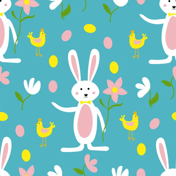 Modèle sans couture de lapins de Pâques mignons, oeufs de Pâques, fleurs et poulet — Image vectorielle