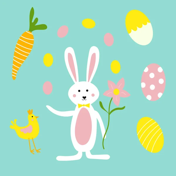 Lapin de Pâques mignon, fleurs, carottes et poulet — Image vectorielle