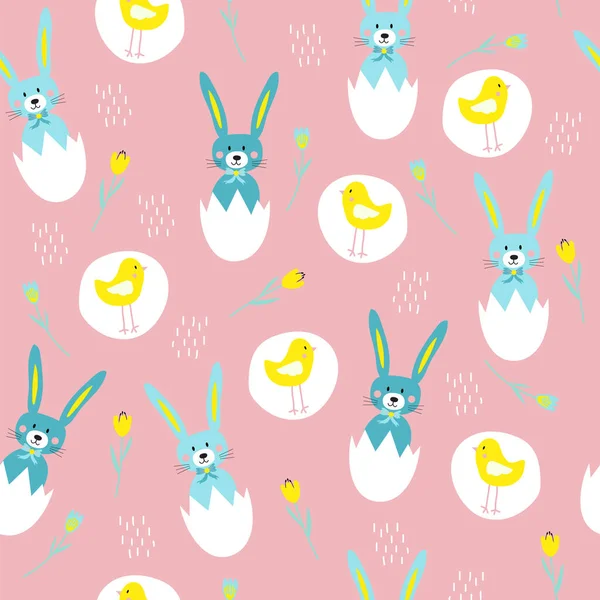 Coniglietti pasquali che saltano fuori da uova rotte, polli e fiori su uno sfondo rosa senza cuciture stampa modello — Vettoriale Stock