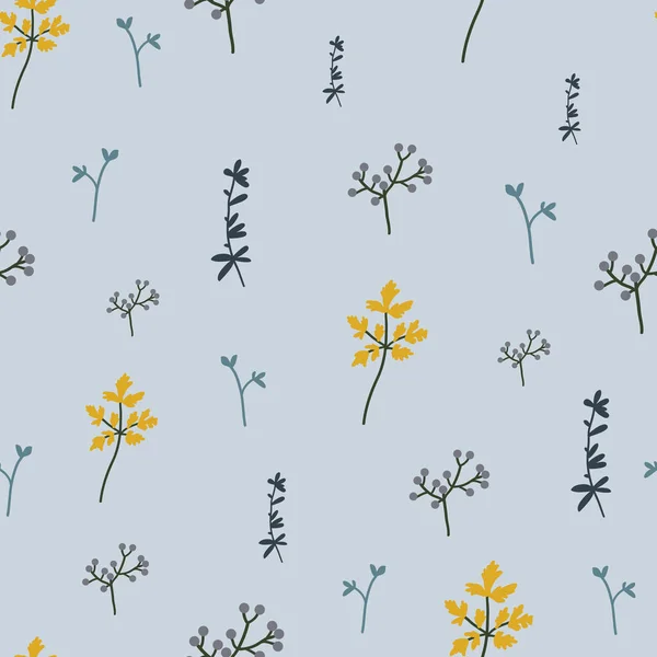 Wachsende Pflanzen nahtlose Muster. Handgezeichnete Pflanzen und Blätter in verschiedenen Formen auf blauem Hintergrund, Vektorillustration. — Stockvektor