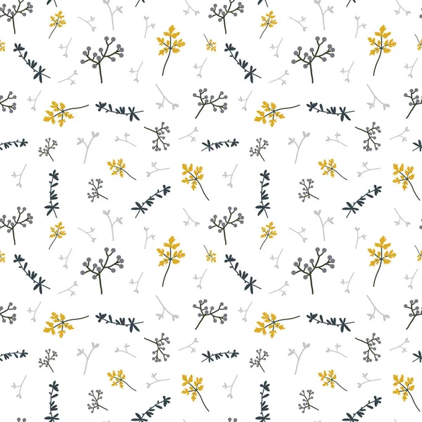 Feuilles et plantes mixtes motif sans couture. Plantes dessinées à la main et feuilles de formes différentes sur fond blanc, illustration vectorielle. — Image vectorielle