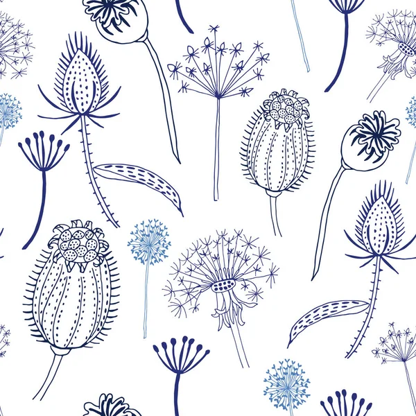 Modello senza soluzione di continuità di fiori selvatici blu e teasels. — Vettoriale Stock