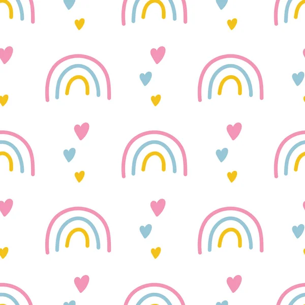 白地に虹と心のシームレスなパターン. — ストックベクタ