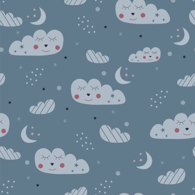 Seamless pattern of cute blue sleepy clouds, moons and stars on a dusty blue background clipart