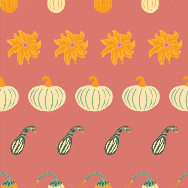 Herbst Kürbisse nahtlose Muster. Handgezeichnete klassische Kürbisse in verschiedenen Formen auf staubigem Rosengrund, Vektorillustration. — Stockvektor