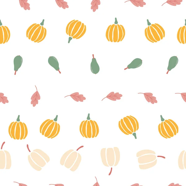 Calabazas de otoño en filas patrón sin costuras. Calabazas dibujadas a mano de diferentes formas en un fondo blanco, ilustración vectorial. — Vector de stock