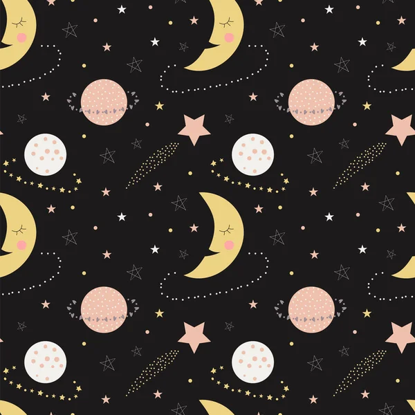 Modello senza cuciture di lune addormentate, pianeti e stelle su uno sfondo grigio scuro — Vettoriale Stock