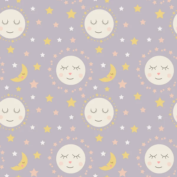 Modello senza cuciture di lune addormentate carino e stelle su uno sfondo lavanda — Vettoriale Stock
