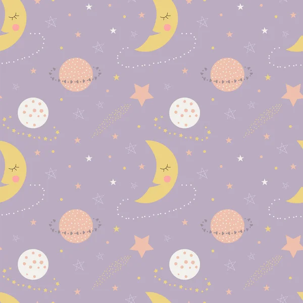 在紫色背景上的可爱的昏昏欲睡的月亮、行星和星星的无缝图案 — 图库矢量图片