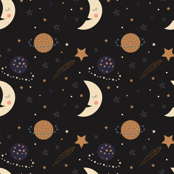 Modello senza soluzione di continuità di lune addormentate carino, pianeti e stelle su uno sfondo nero — Vettoriale Stock