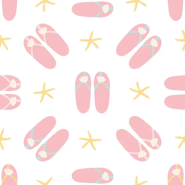 Seamless pattern of pink beach flip flap sandals with starfish on a white background. — Stock Vector