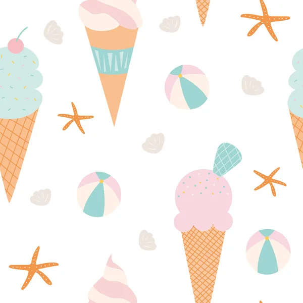 Seamless pattern of icecream cones with shells. beach ball, and starfish on a white background. — Stock Vector