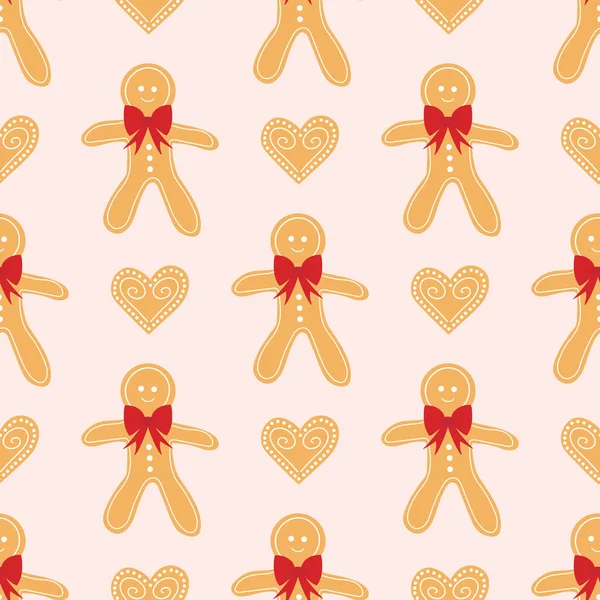 Seamless pattern of gingermen cookies and hearts with white icing as decoration. — Stock Vector