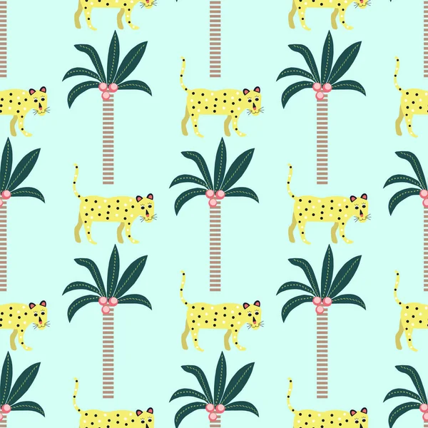Sömlöst mönster av leoparder och palmer på en blå bakgrund. — Stock vektor