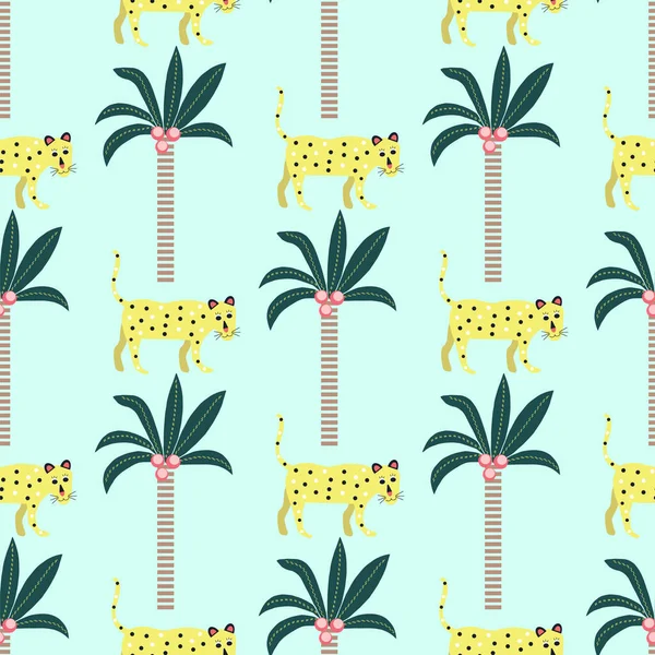 Seamless pattern of leopards and palm trees on a blue background. — Stock Vector