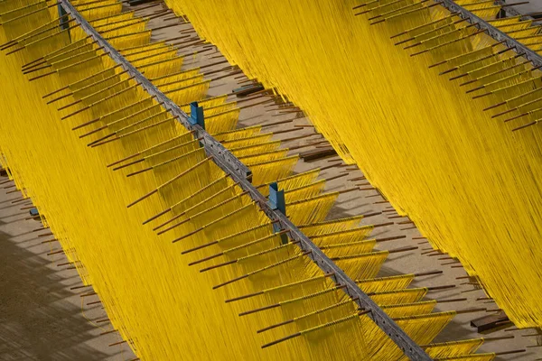 Asciugatura Appesa Tagliatelle Uovo Fatte Mano Dalla Pasta Agli Ingredienti — Foto Stock