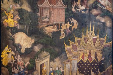 Eski ünlü Tayland duvar resimleri Wat Pho tapınağı Bangkok 'taki Budist tarihini resmediyor..