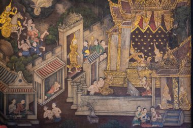 Eski ünlü Tayland duvar resimleri Wat Pho tapınağı Bangkok 'taki Budist tarihini resmediyor..