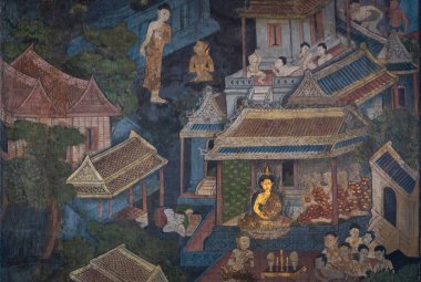 Eski ünlü Tayland duvar resimleri Wat Pho tapınağı Bangkok 'taki Budist tarihini resmediyor..