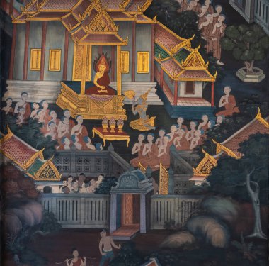 Eski ünlü Tayland duvar resimleri Wat Pho tapınağı Bangkok 'taki Budist tarihini resmediyor..