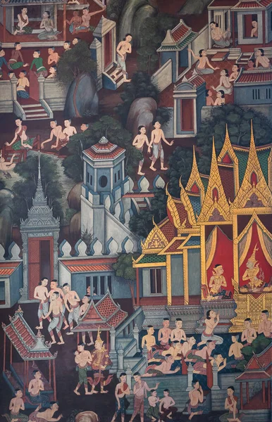 Ancient famous Thai mural wall paintings attached at building along inner wall the chapel portrays story of Buddhist history at Wat Pho temple Bangkok, Thailand.