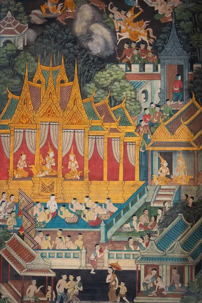 Ancient famous Thai mural wall paintings attached at building along inner wall the chapel portrays story of Buddhist history at Wat Pho temple Bangkok, Thailand.