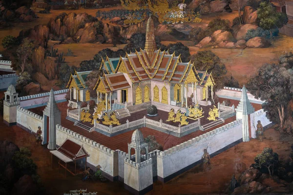 泰国曼谷 2021年4月4日 古代著名的泰国壁画壁画挂在建筑的内墙 小礼拜堂描绘了佛教历史的故事 在泰国曼谷的华府 — 图库照片