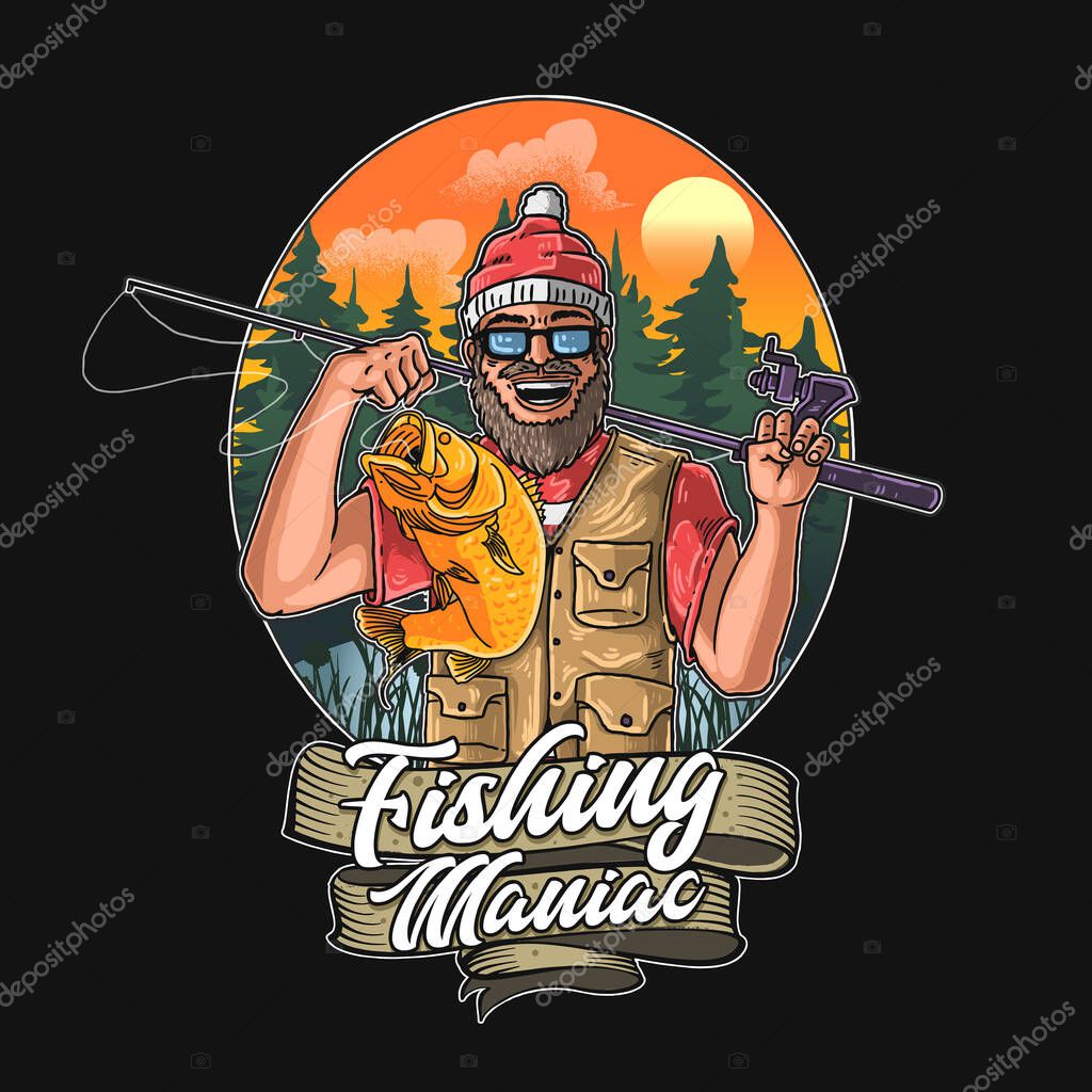 Fishing maniac illustration vector graphic