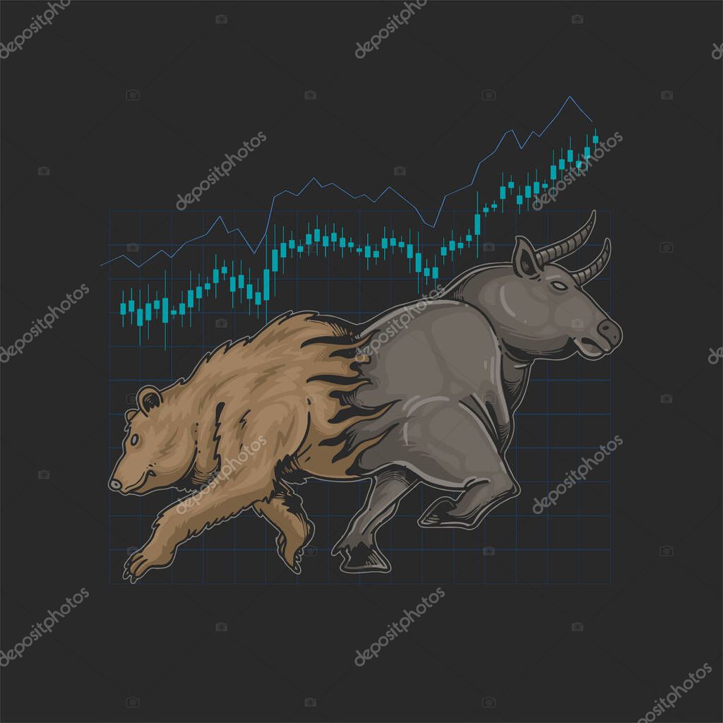 Bull and bear trading crypto symbol illustration