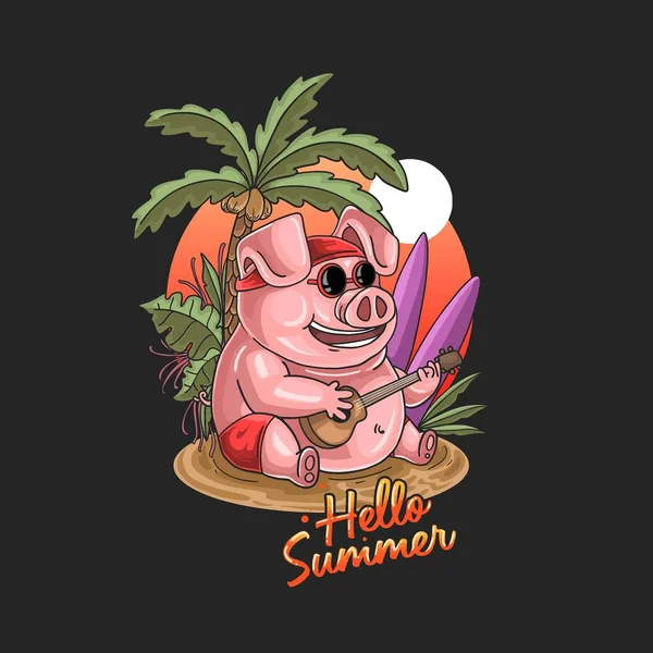 熱帯のビーチイラストで夏豚の休日 — ストックベクタ