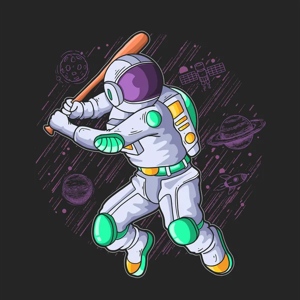 宇宙飛行士が銀河系のイラストでベースボールを — ストックベクタ