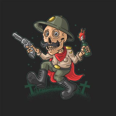 Komik iskelet tabanca ve molotof çizim vektörü getir