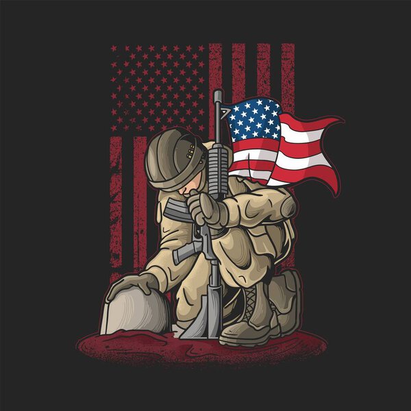 солдат преклоняет колени перед падшим вектором иллюстрации