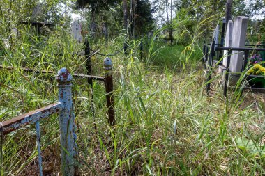 Eski mezarlık. Mezarlar ve anıtlar, çimen ve ağaçlarla kaplanıp bükülür. Rusya, Krasnoyarsk, Badalyksk Mezarlığı, 21 Ekim 2020