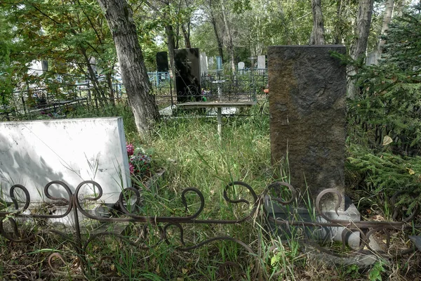 묘목들 기념물들은 뒤틀리고 나무들로 뒤덮여 Russia Krasnoyarsk Badalyksk Cemetery October — 스톡 사진