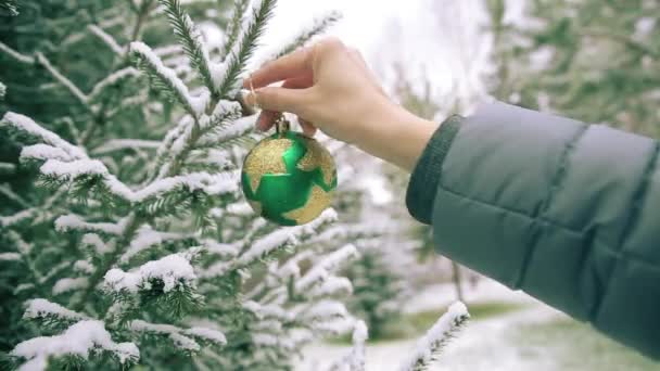 A woman dresses up a Christmas tree in the garden. — Stock Video