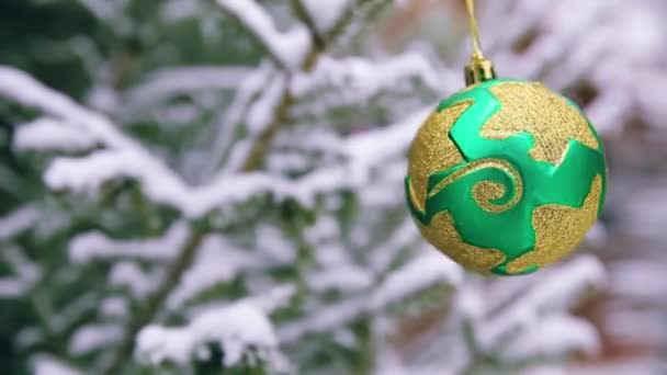 Verde brillante juguete redondo en un árbol de Navidad cubierto de nieve. — Vídeos de Stock