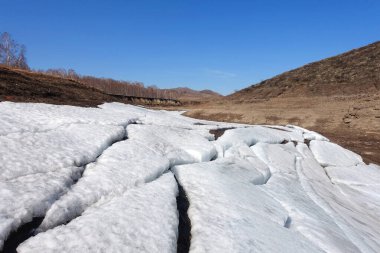 Dağlardaki kar ilkbaharda erir. Kar tabakaları yamaçtan parça parça iniyor. Doğal arkaplan