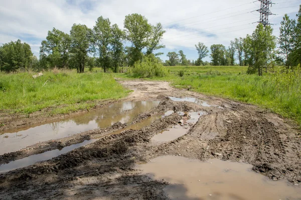 Ruige Landschap Natuur Weg Door Velden Voor Road Suv Met Rechtenvrije Stockfoto's