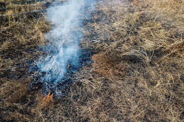 Relva Está Arder Campo Cores Escuras Imagem Fogo Fumaça Grama — Fotografia de Stock