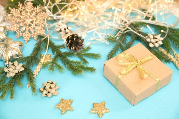Christmas Gift Box Background Glowing Garlands Sky Blue Background Christmas — Stock Photo, Image