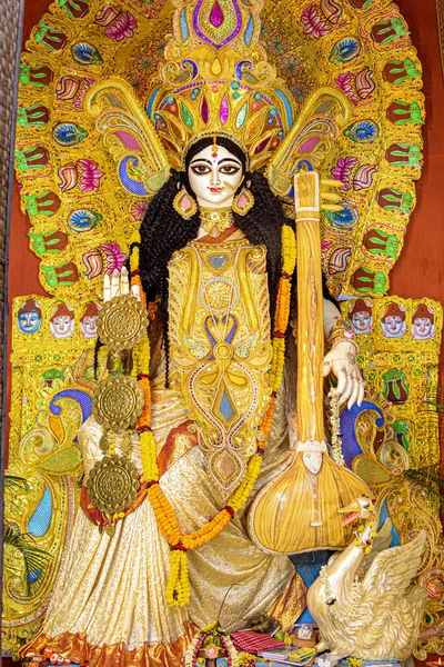 Diosa Saraswati Ídolo Decorado Puja Pandal Saraswati Simboliza Energía Creativa — Foto de Stock