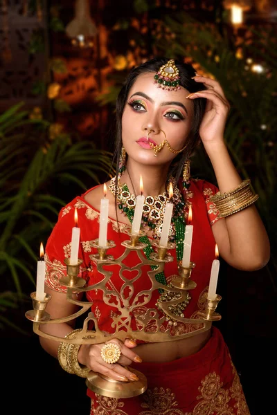 Portrait Très Belle Jeune Mariée Indienne Costume Mariée Luxueux Avec — Photo