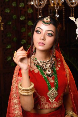 Çok güzel bir Hintli gelinin portresi. Lüks bir gelin kostümü içinde. Stüdyoda ışıklandırma bölümünde makyaj ve ağır mücevherler. Düğün modası.